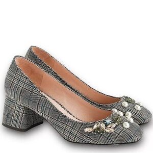 J. Crew Embellished Jewels Pearls Plaid Celia Pump Block Heel Size 9